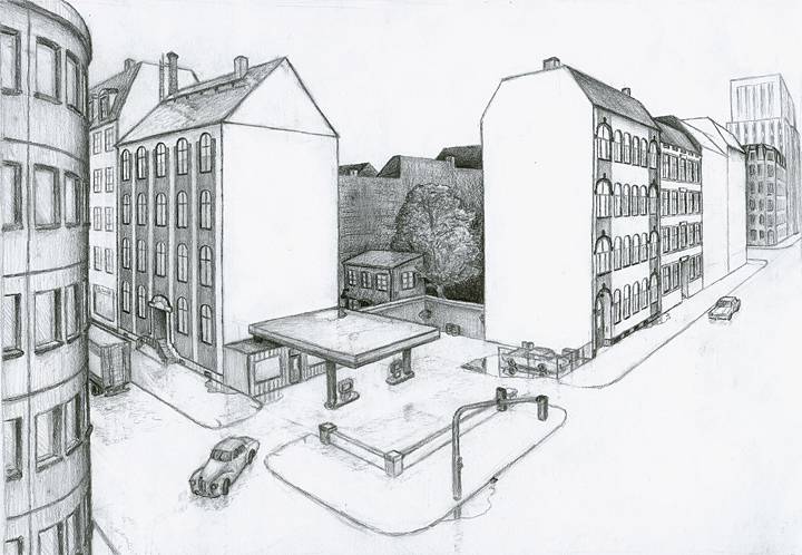 Zeichnung einer fiktiven Straßenecke mit Tankstelle im Stile Berlins