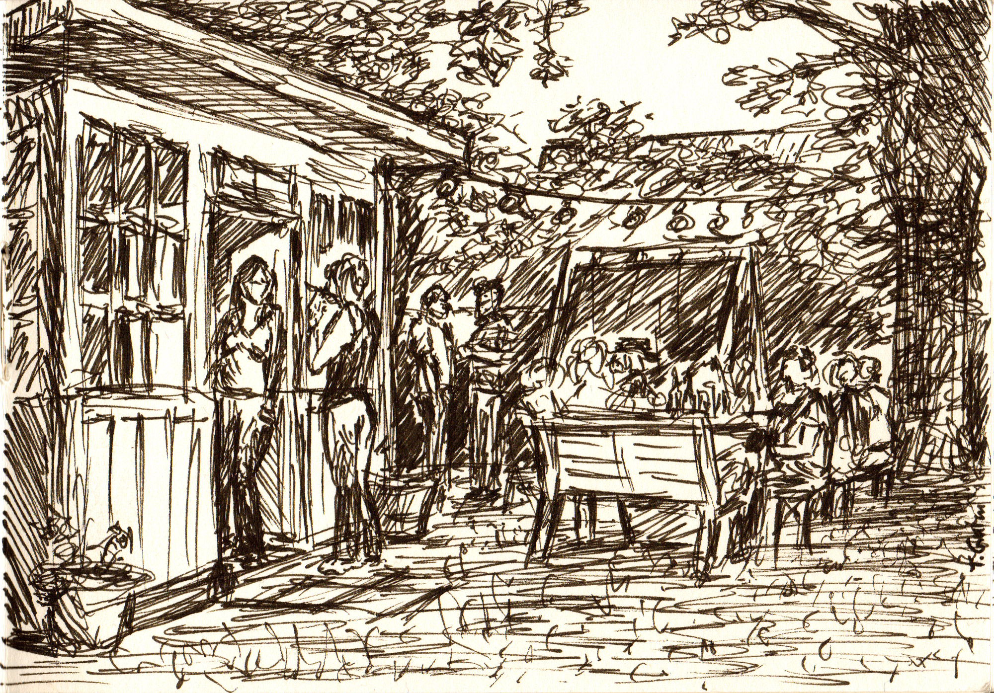 Zeichnung einer Gartenfeier mit Menschen, Bäumen und Lichterkette