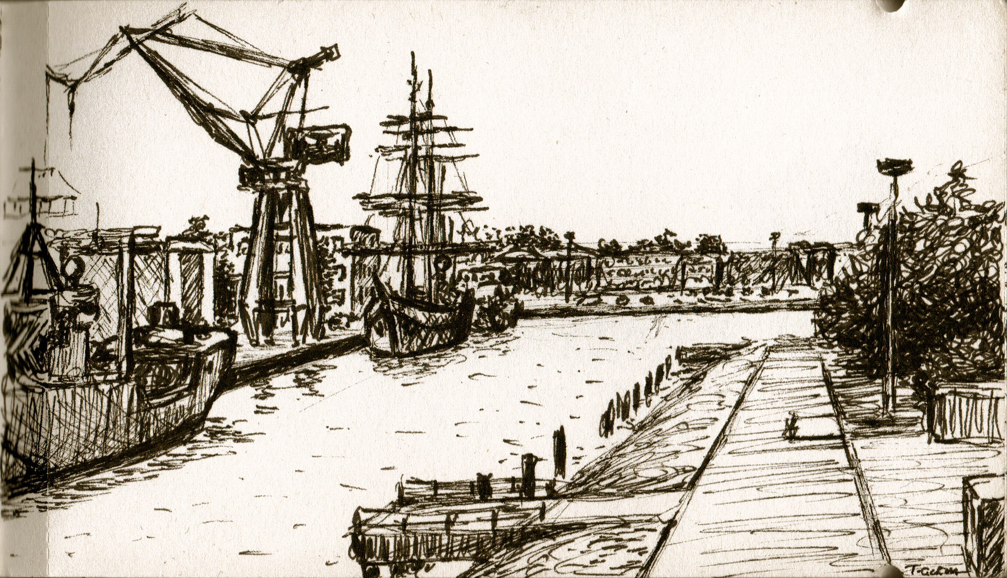 Zeichnung vom Marinehafen Wilhelmshaven, in welchem an diesem Tag die Gorch Fock lag