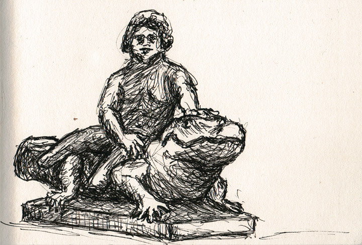 Zeichnung einer Statue, die einen lockigen Jungen sitzend auf einem Krokodil zeigt
