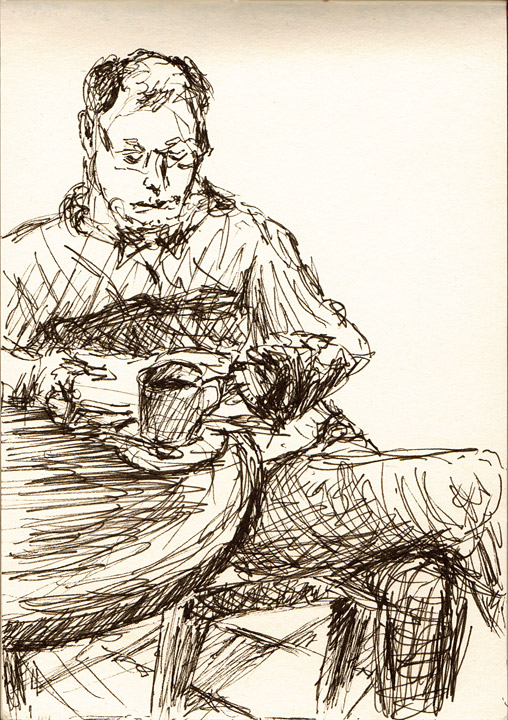 Zeichnung eines lesenden Mannes an einem runden hölzernen Kantinentisch