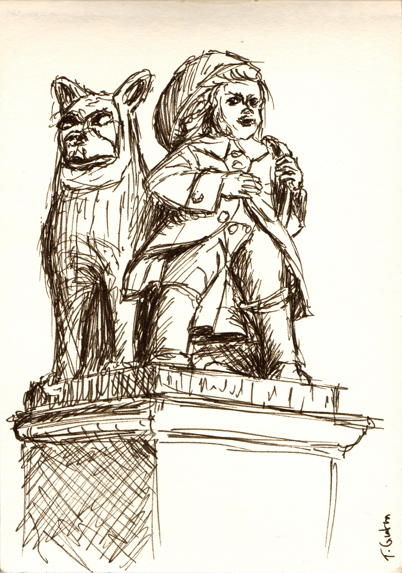 Zeichnung einer Steinfigur, die einen Knaben mit Hund zeigt