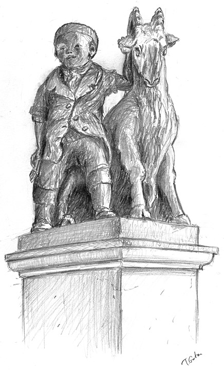 Zeichnung einer Steinfigur, die einen Knaben mit Ziegenbock zeigt