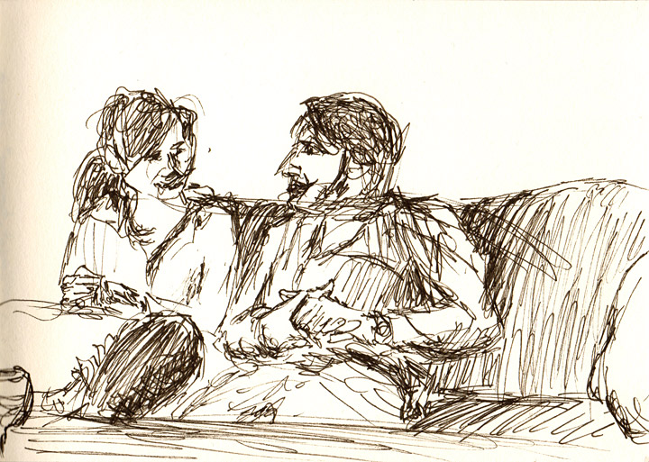 Zeichnung zweier sich auf einem Sofa unterhaltender Gäste