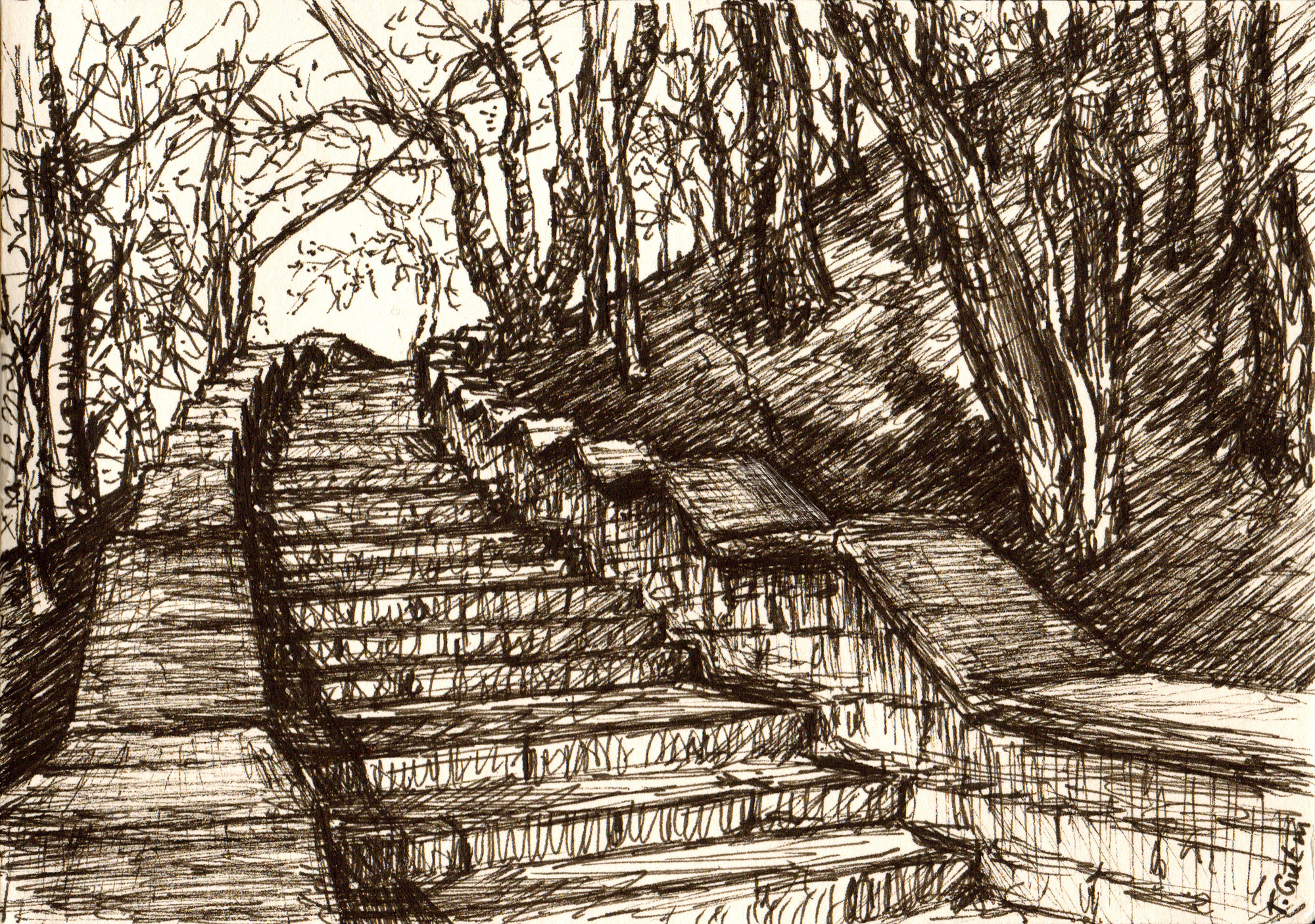 Zeichnung einer steinernen Treppe an einem Hang