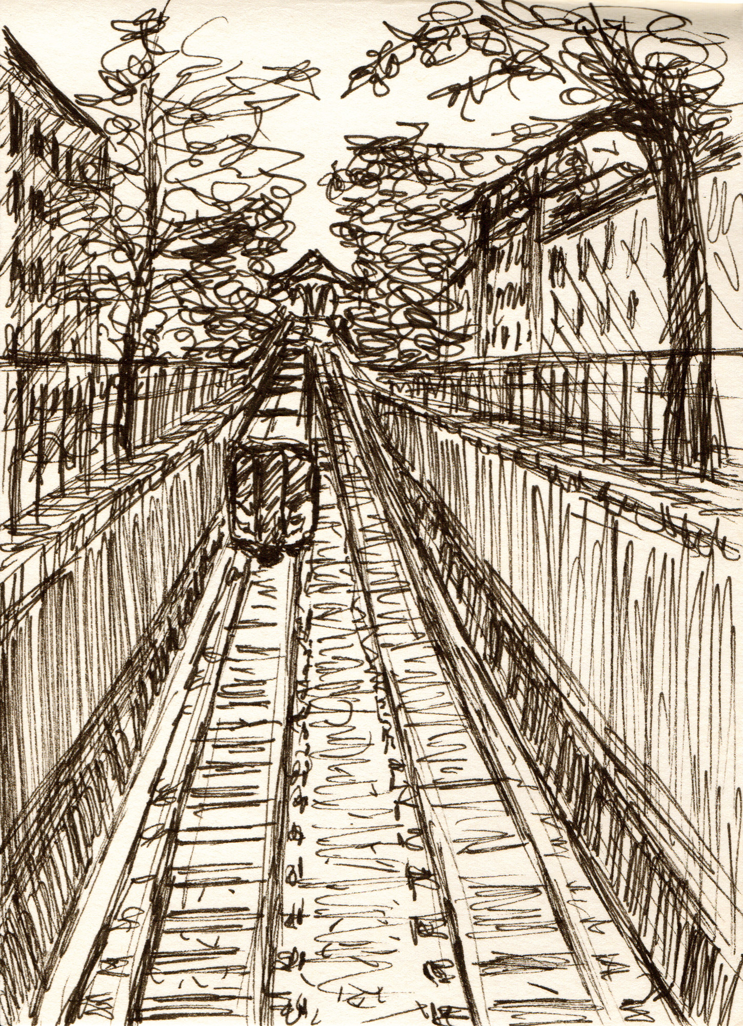 Zeichnung eines herannahenden U-Bahn-Zuges, der in den Tunnel unter dem Betrachter fährt