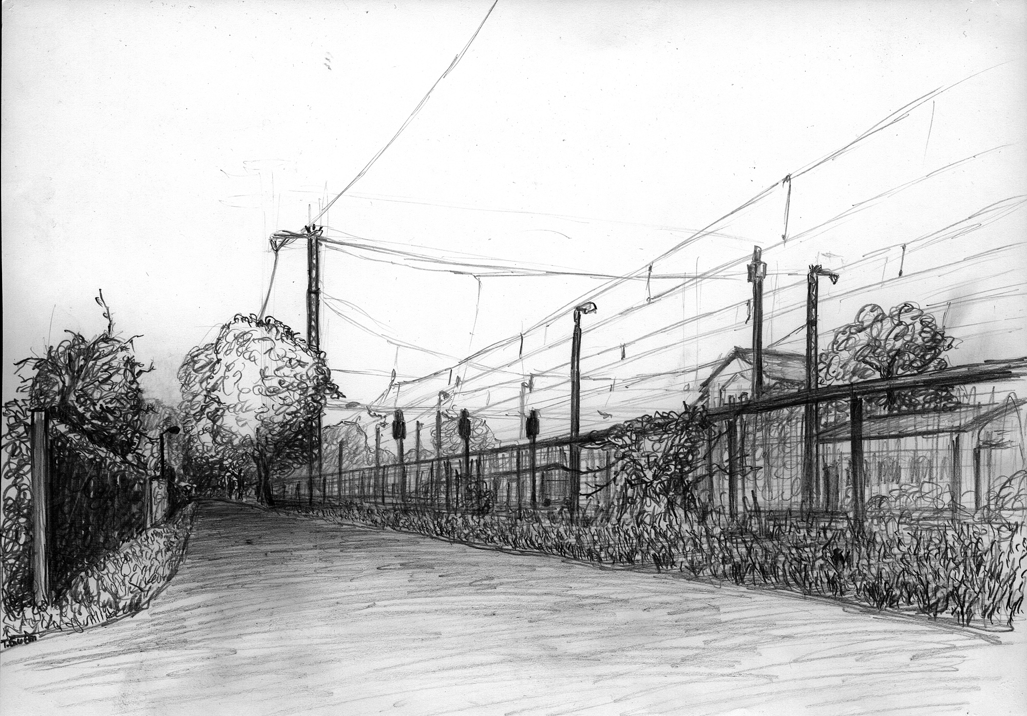 Zeichnung von einem Weg zwischen Gärten und Bahnhofsgleisen