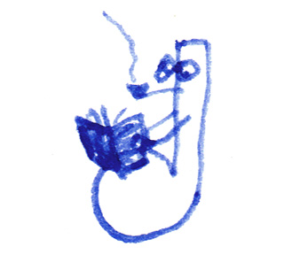 Zeichnung einer in einem Buch lesenden Viertelnote mit Pfeife im Mund