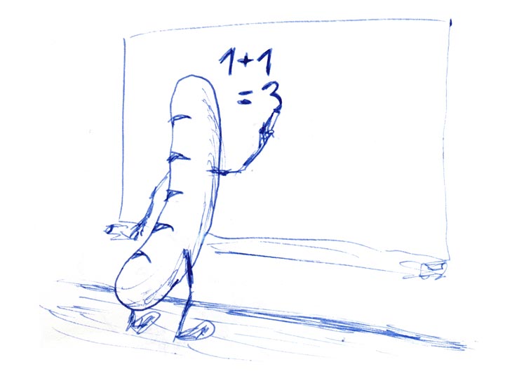 Zeichnung einer Bratwurst mit Armen und Beinen, die an einer Schultafel steht und gerade schreibt: 1 + 2 = 3