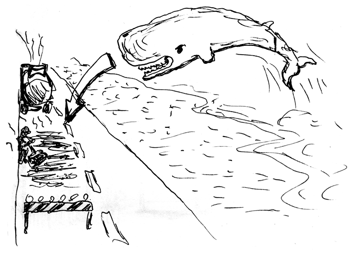 Zeichnung eines Pottwals, der aus dem Wasser springt auf eine benachbarte Straße, die gerade frisch geteert wird