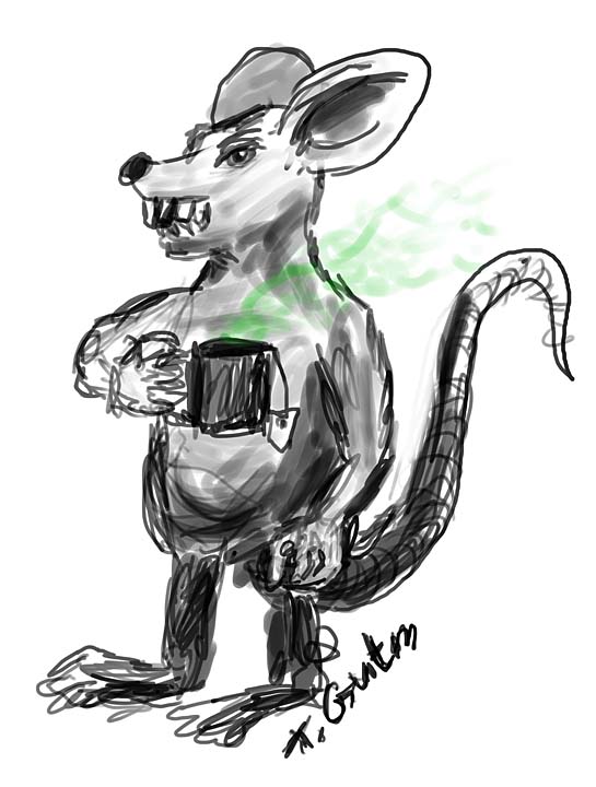 Zeichnung einer Ratte mit einer dampfenden Tasse in der Hand