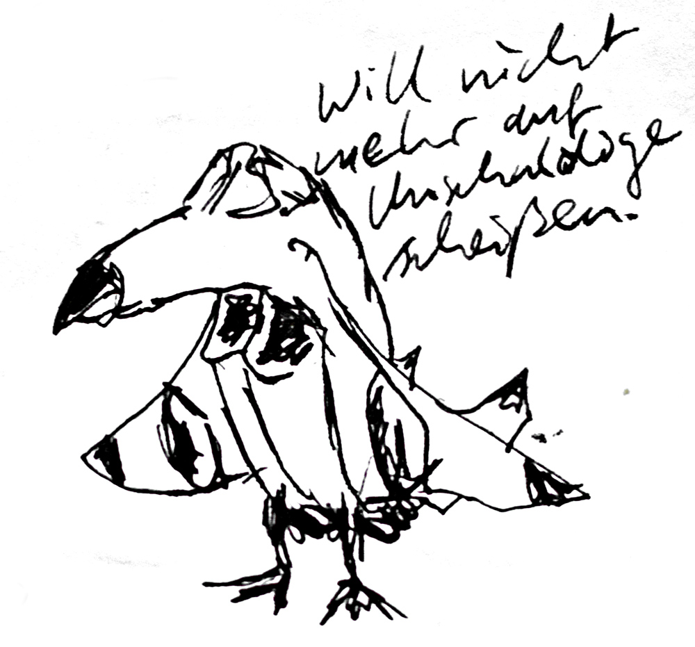 Zeichnung eines traurigen Düsenjägers in Vogelstatur mit hängender Nase, der sagt: Will nicht mehr auf Unschuldige scheißen.