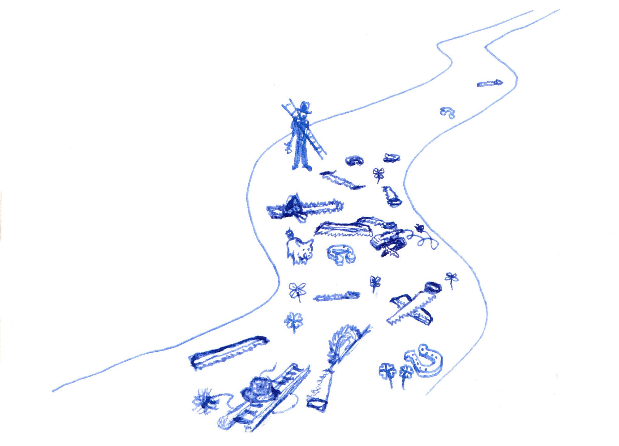 Zeichnung eines Weges, auf dem Sägen und allerhand Glücksymbole wie Kleeblätter, Schweinchen und Schornsteinfeger liegen