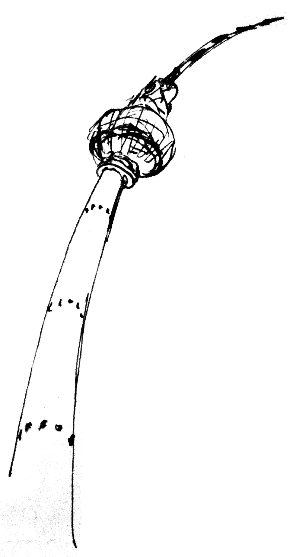 Zeichnung des Berliner Fernsehturms, der sich wie ein Baum im Wind biegt
