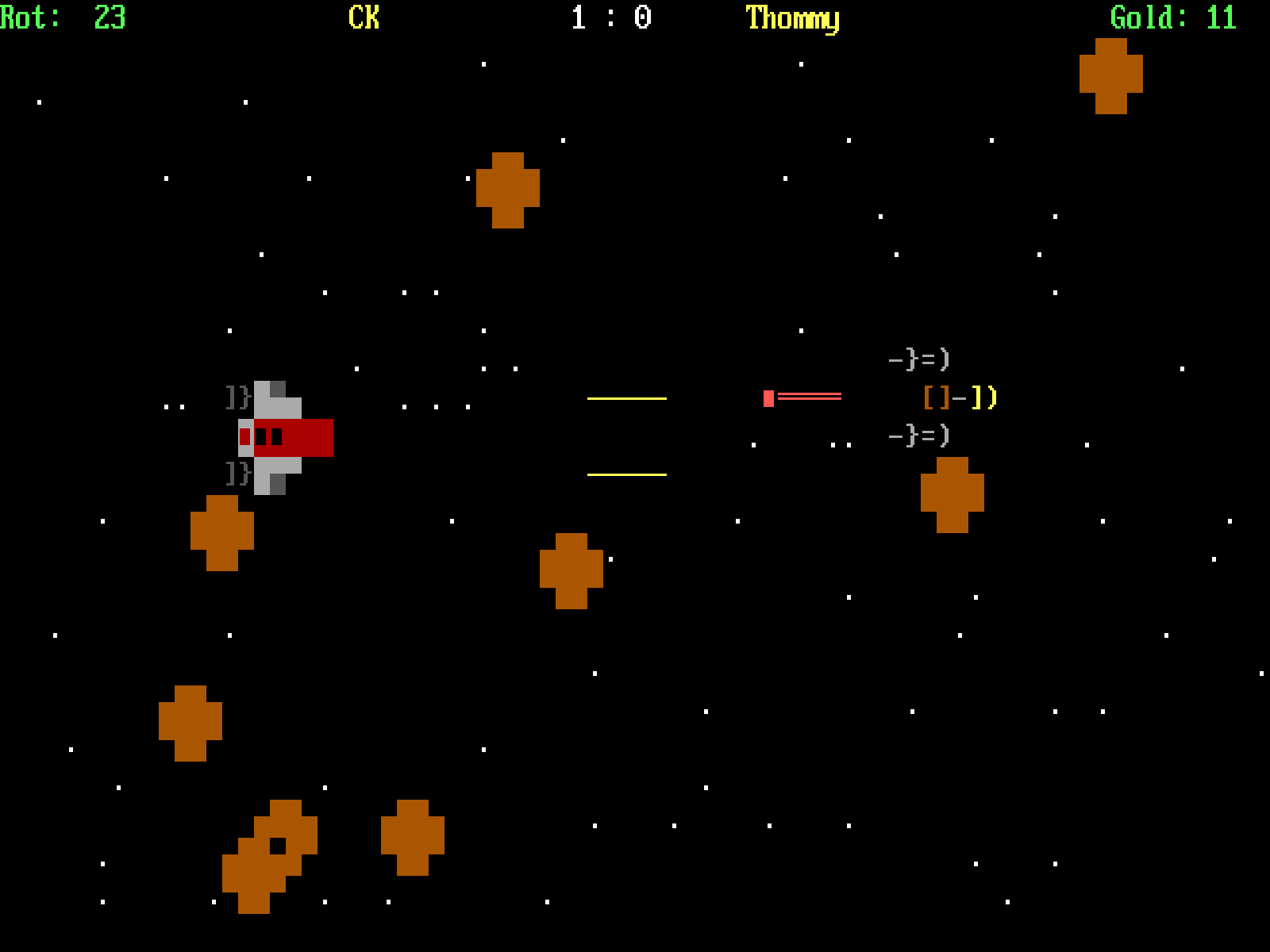 Screenshot des Spiels, zwei Star-Wars-Jäger (A-Wing, Y-Wing) in einem
			Asteroidenfeld feuern aufeinander