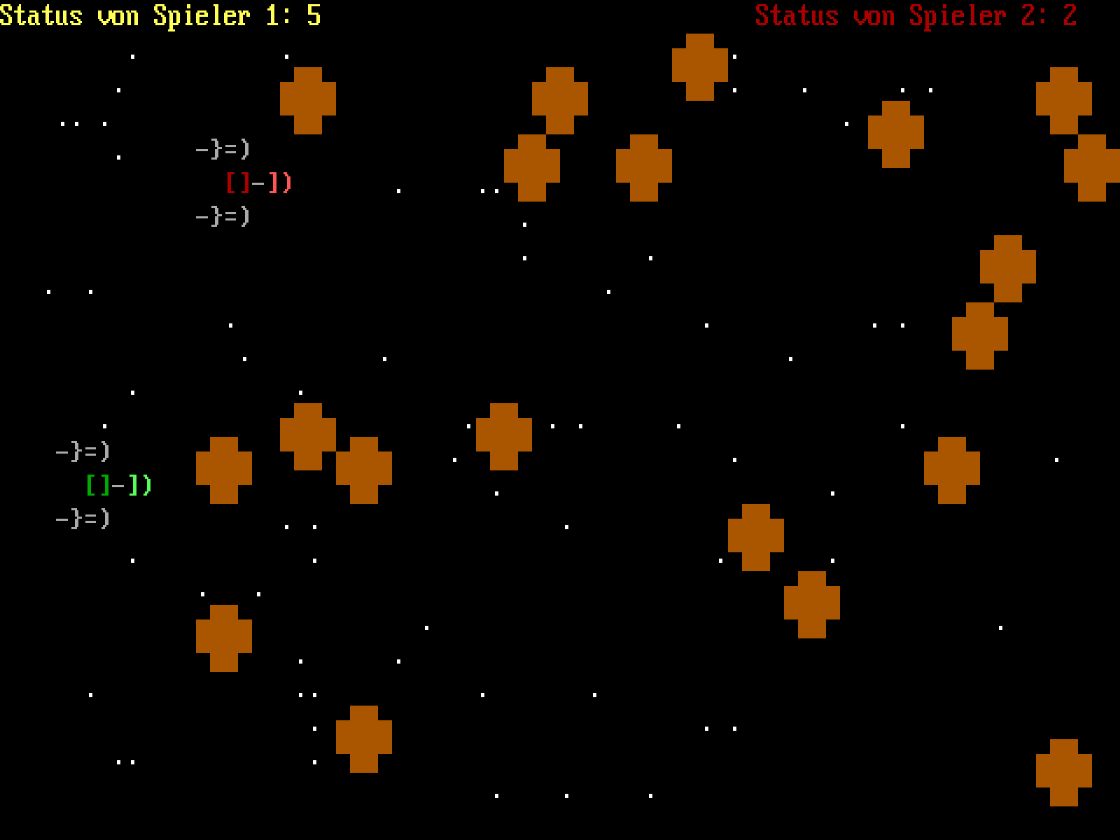 Screenshot vom Mehrspieler-Modus: Zwei Schiffe fliegen durch ein Asteroidenfeld.